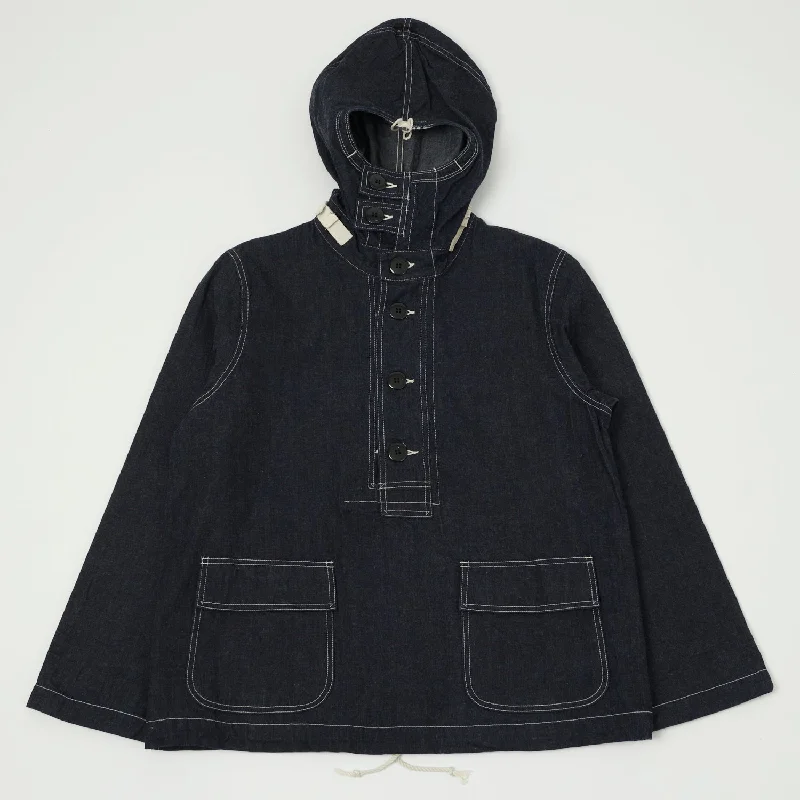 men's jackets with reinforced fabric at shoulders-Buzz Rickson's BR11703A US Navy Denim Hooded Pullover Jacket - Indigo