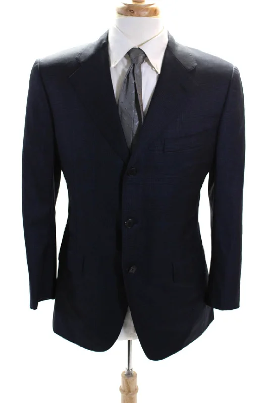 Davide Cenci Mens Wool Grid Print V-Neck Three Button Suit Jacket Navy