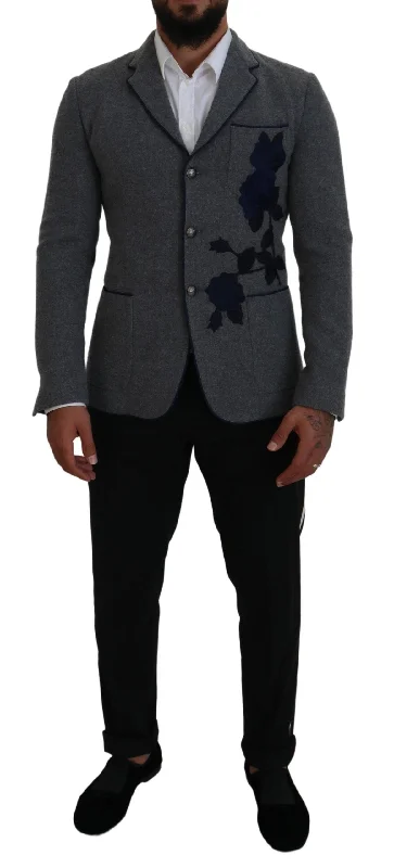 Dolce & Gabbana Elegant  Wool Blazer with blue Rose Men's Embroidery