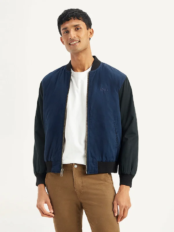 men's jackets with hidden inner pockets-Men's Colorblock Navy Bomber Jacket