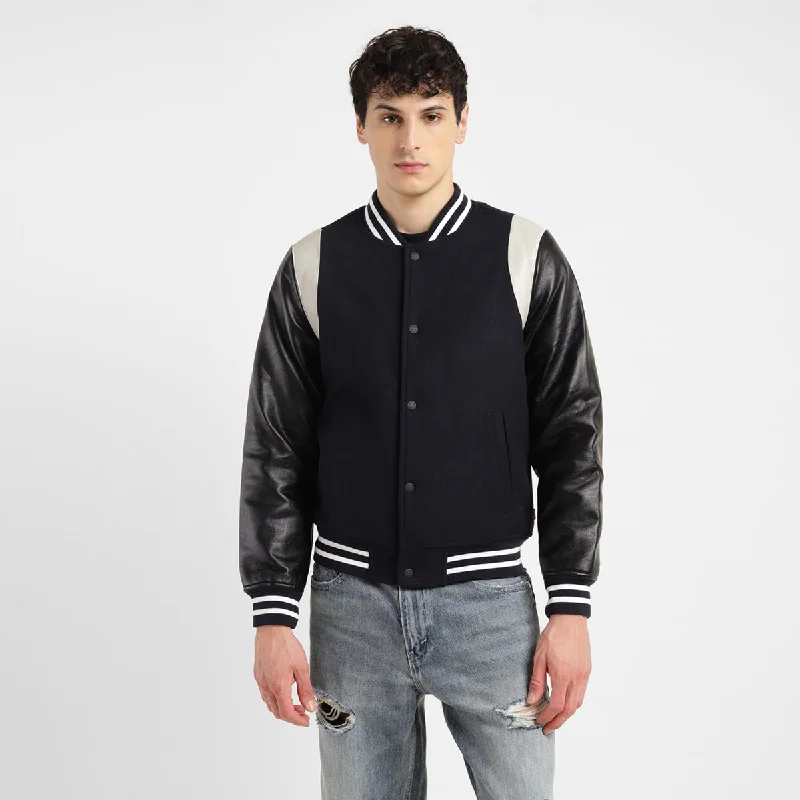 Men's Colorblock Navy Mandarin Collar Varsity Jacket