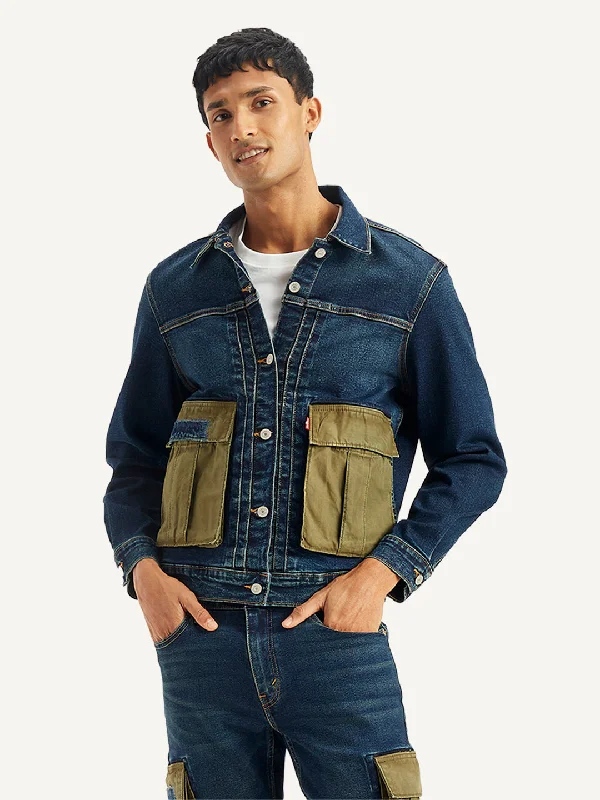 men's jackets with easy-to-adjust fit-Men's Colorblock Navy Spread Collar Denim Jacket