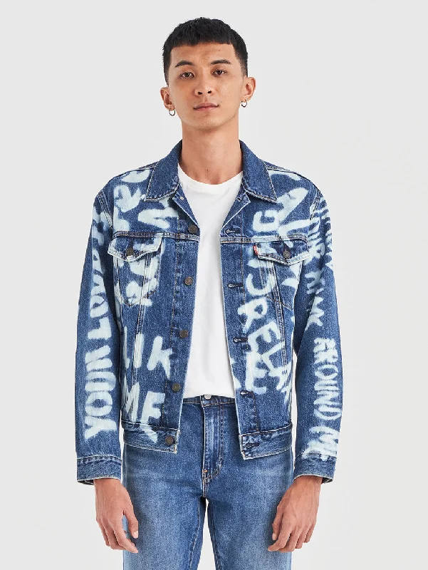 Men's Graphic Print Spread Collar Denim Jacket