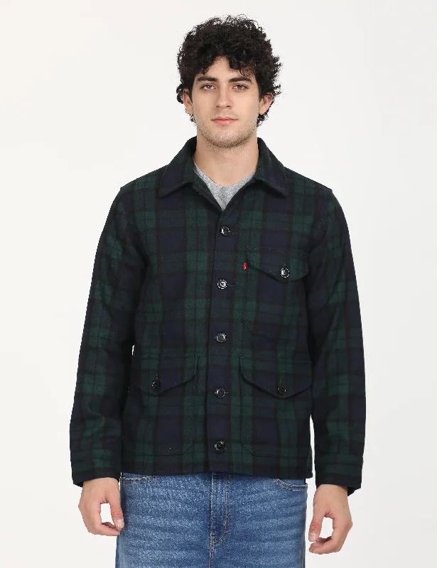 men's jackets with adjustable hoodie for fit-Men's Plaid Navy Spread Collar Shacket