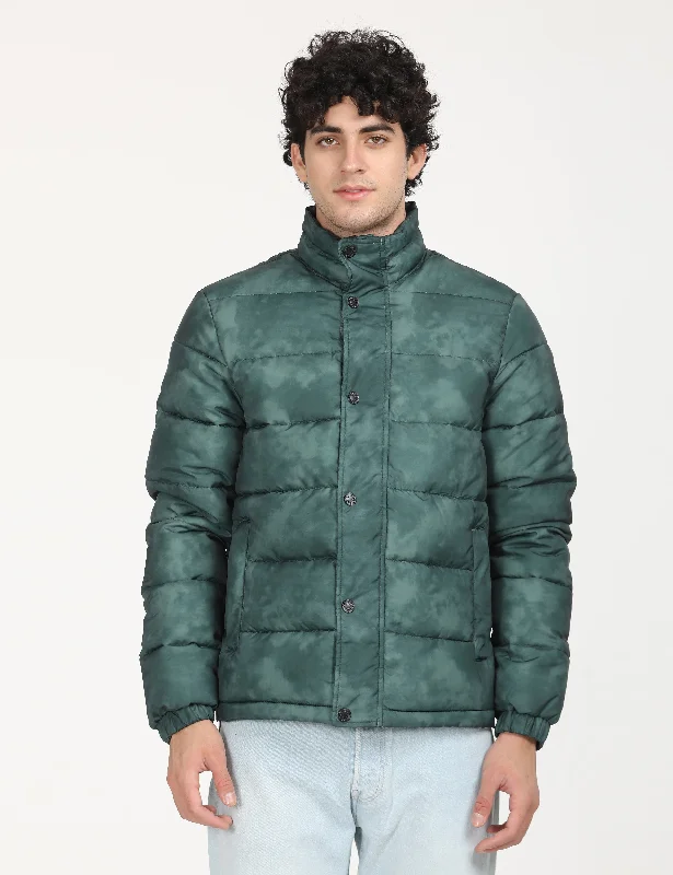 men's jackets with temperature-regulating fabric-Men's Printed Teal High Neck Puffer Jacket