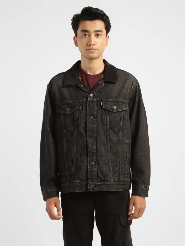 Men's Solid Black Collar Neck Trucker Jacket