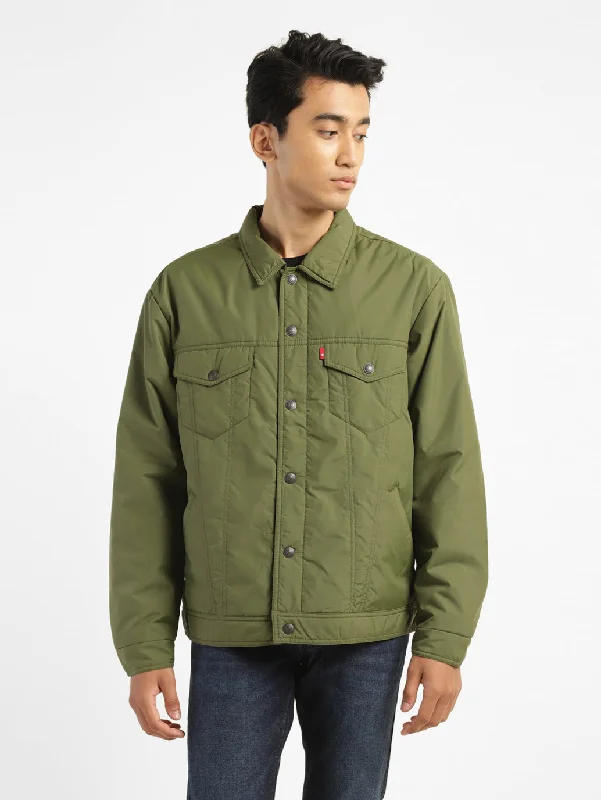 Men's Solid Green Collar Neck Padded Jacket