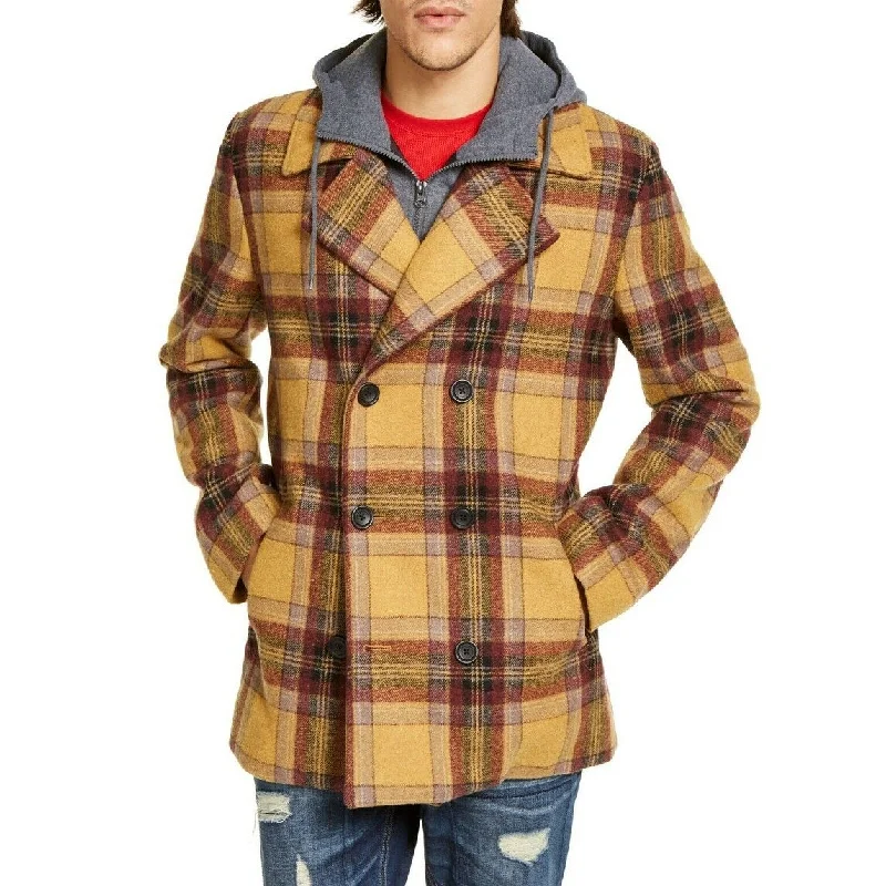 American Rag Men's Sheridan Double-Breasted Plaid Peacoat With Removable Hooded Bib Brown Size Small