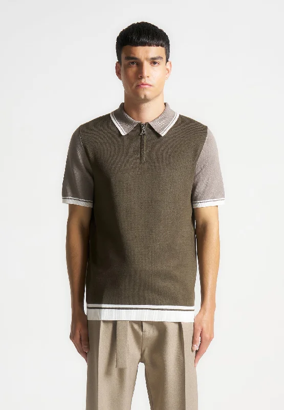 Colour Block Zip Polo Shirt - Khaki