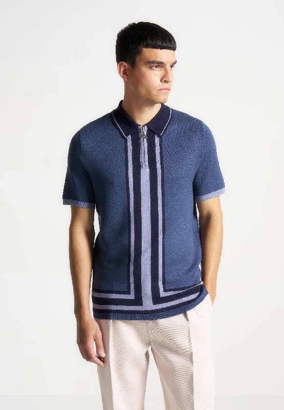 Contrast Border Knit Zip Polo Shirt - Blue