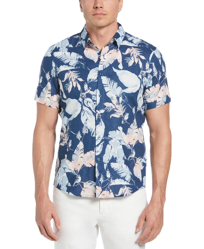 Linen-Blend Tropical Bird Print Shirt