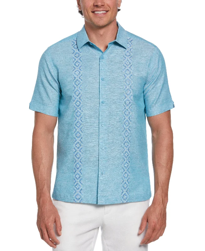 Linen Blend Argyle Embroidered Chambray Shirt