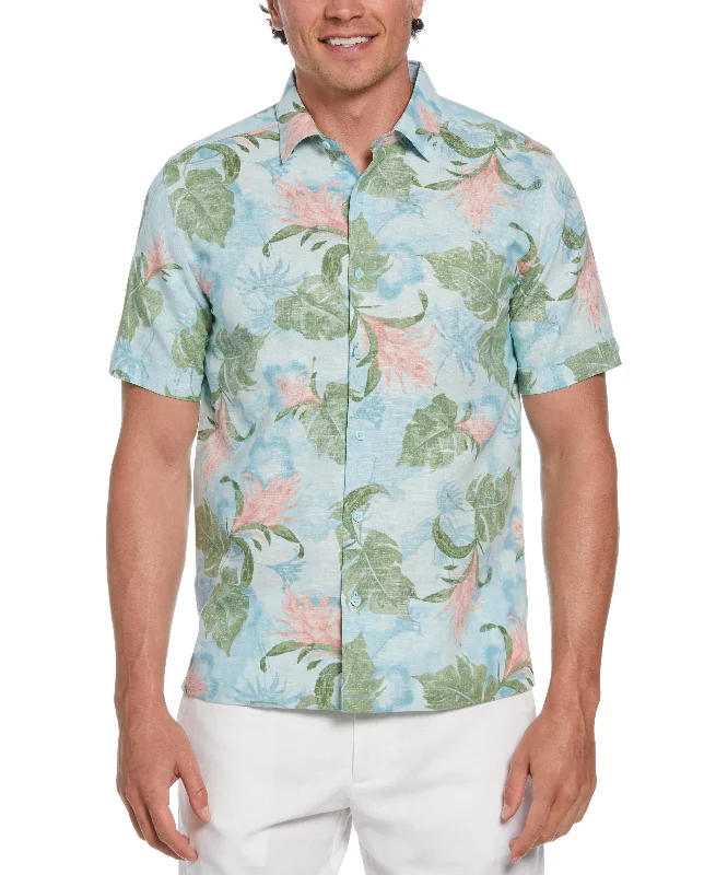 Linen Blend Tropical Floral Print Shirt