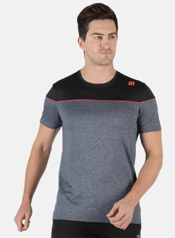 Men Grey Self Design Round Neck T-Shirt