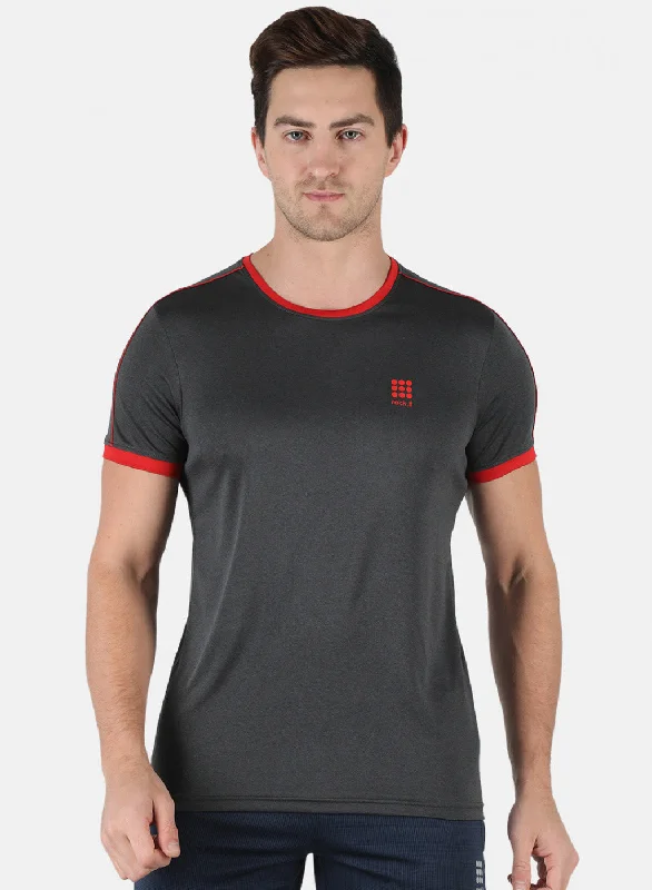 Men Grey Self Design Round Neck T-Shirt