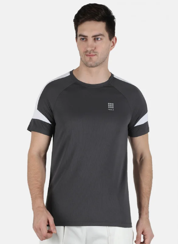 Men Grey Self Design Round Neck T-Shirt