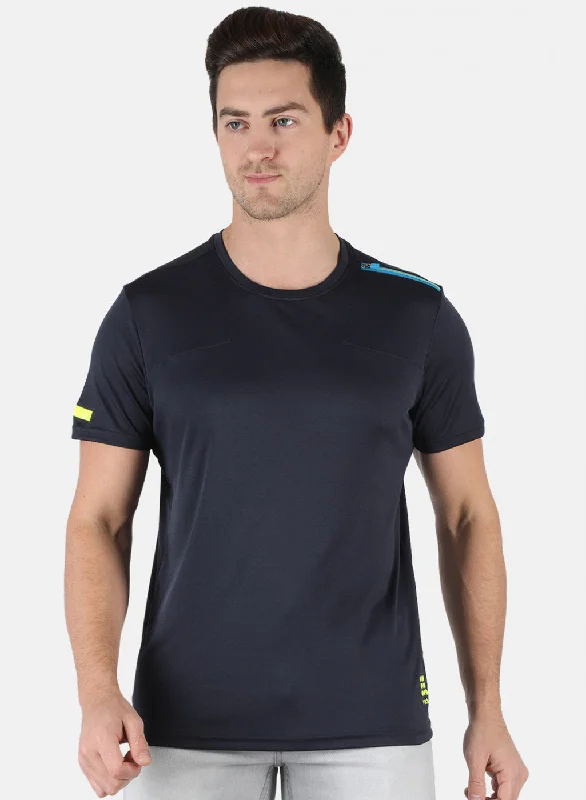 Men NAvy Blue Self Design Round Neck T-Shirt