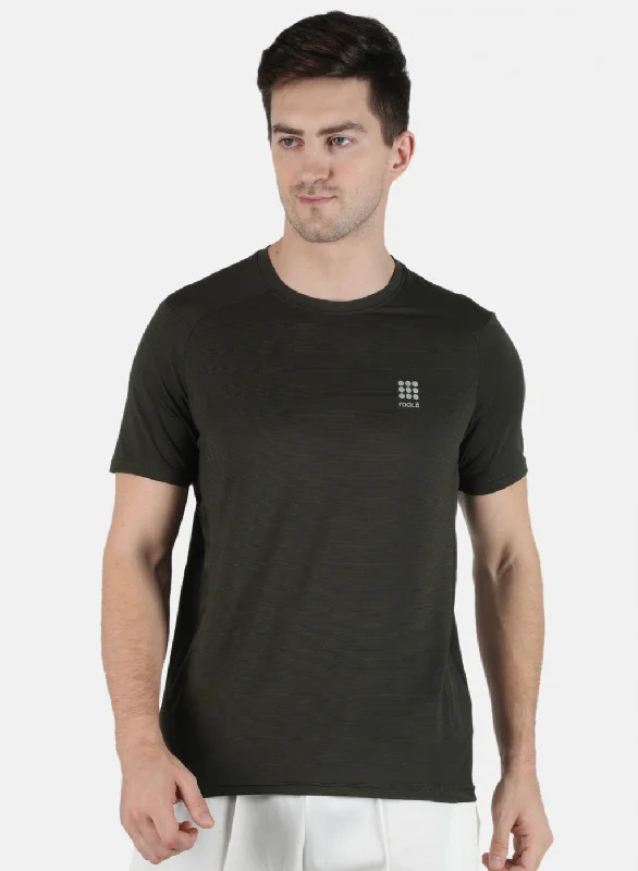 Men Olive Self Design Round Neck T-Shirt