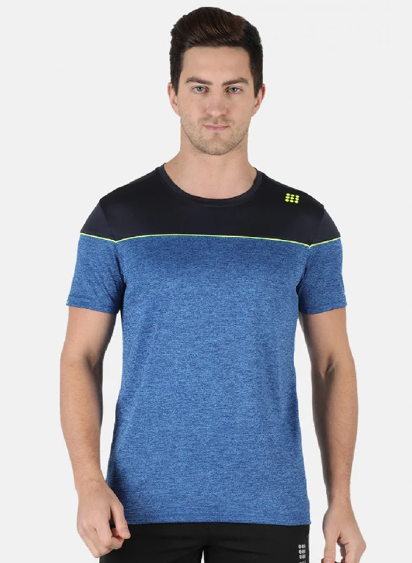 Men Royal Blue Self Design Round Neck T-Shirt